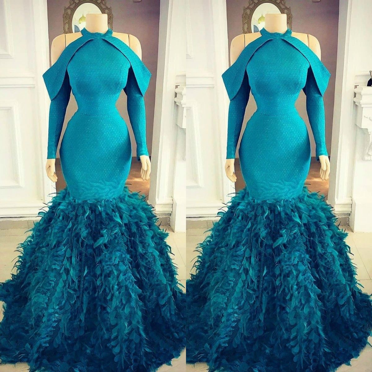 Luxury Feather Prom Dresses Long Sleeve Satin Jewel Neck Dress Evening