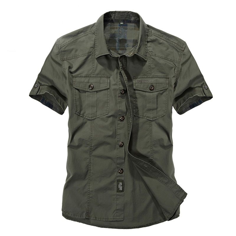 Verde Marca Casual Color Diseñador Algodón Slim Caqui Corta Hombre De Militar Para Manga Camisa Estilo Vestir Hombres Fit y7gbf6