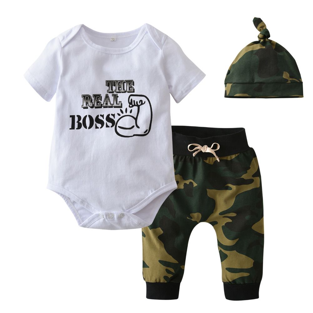 3pcs//Set Neugeborenes Baby-Brief-Druck-Spielanzug Hat Outfits Camouflage Pants