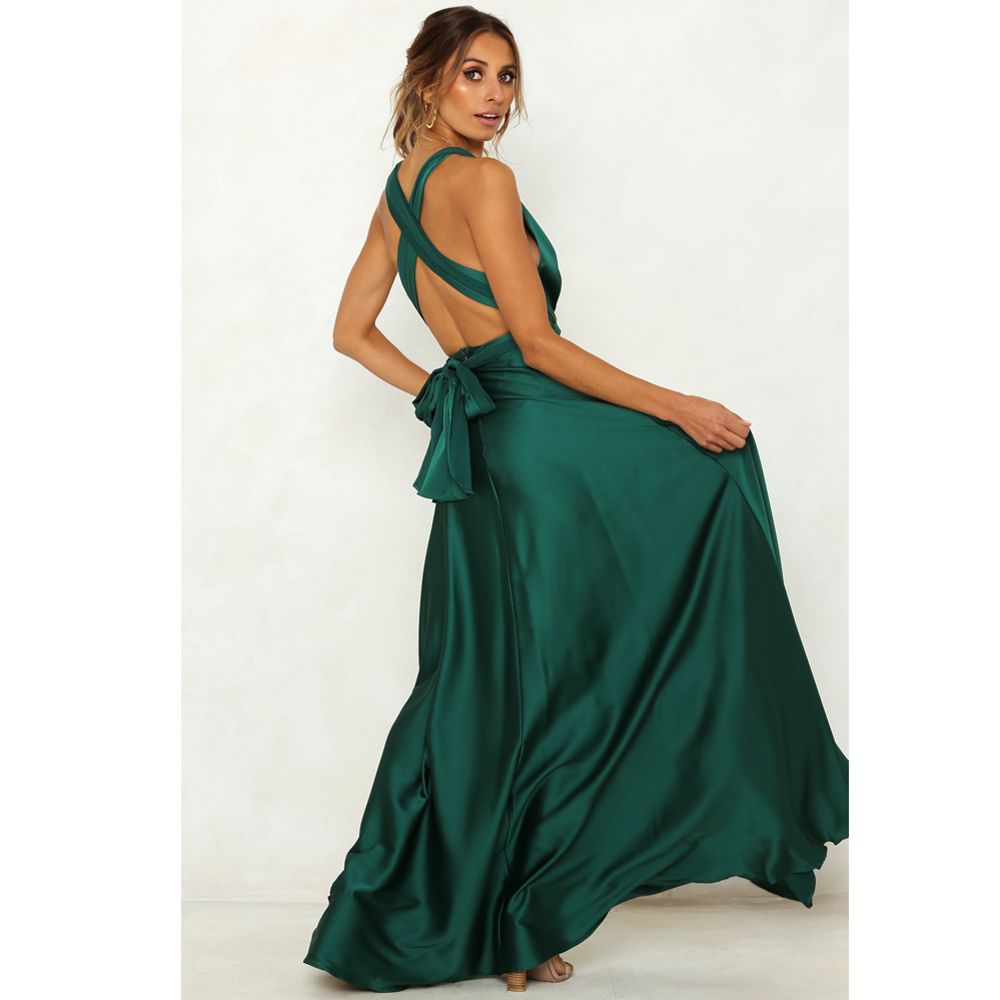 Sexy Floor Length Dress Emerald Green Satin Dress DIY Tie Straps Open Back Loose 2019 Summer 