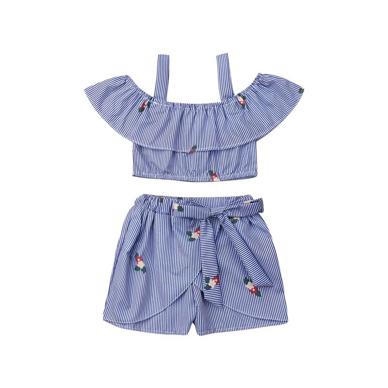 Summer Kids Baby Girl Clothes Ruffle Tops T-Shirt Flower Pants Outfits With Bow