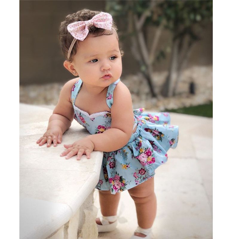 Headband Jumpsuit Outfit Baby Girl Kids Clothes Summer Floral Romper Tutu Dress