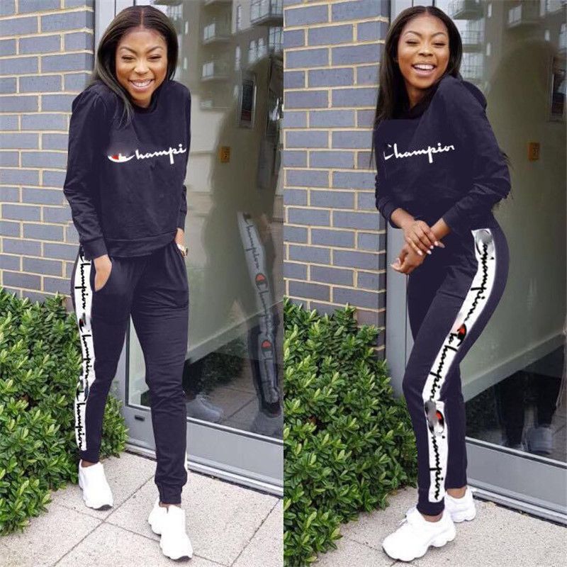 Gym Longues Capuche Manches Sportswear Marque À Tenues Pull Champions Sports Pantalon Femmes Jogging T Shirt 2pcs Survêtement De Automne lcuK1F3TJ5