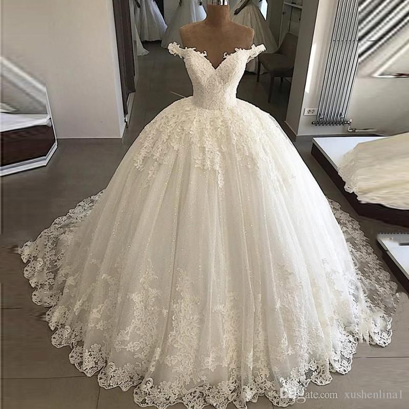 Elegant Muted White Off Shoulder Wedding Ball Gowns Lace Bottom