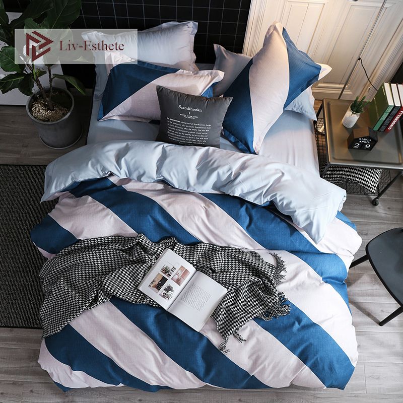 Liv Esthete Blue White Striped Bedding Set Single Double Queen King Bed Linen Soft Duvet Cover Flat Sheet Pillowcase For