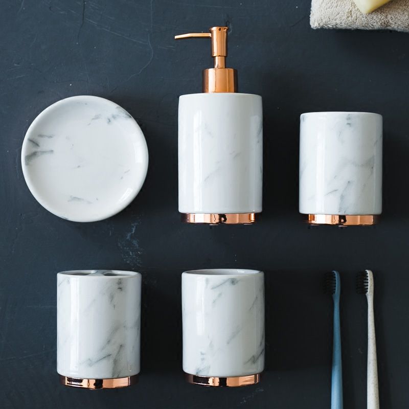 2021 Marble Look With Rose Gold Rim Bathroom Accessory Set From