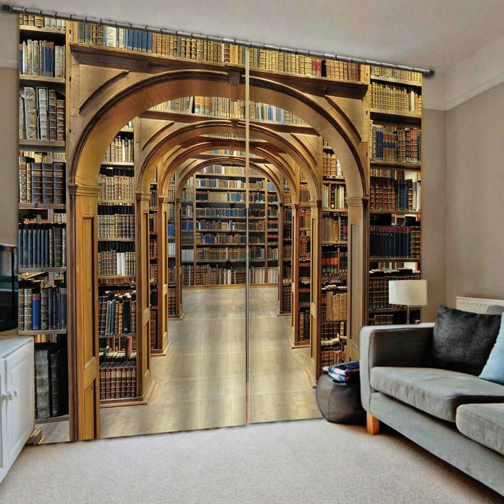 2020 Blackout Curtain Library Bookself Curtains Brown 3D Window