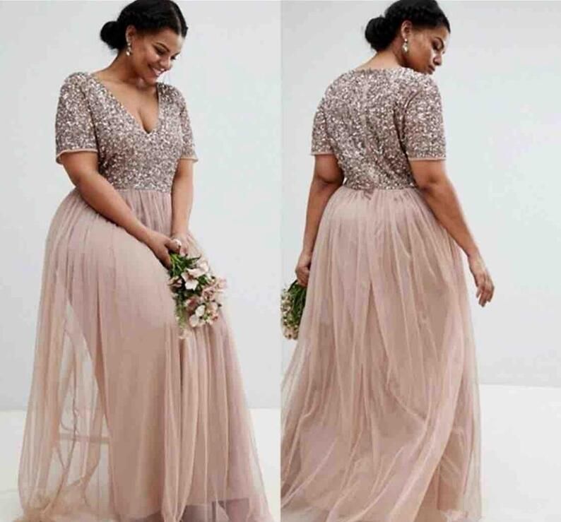 Blush Rose Gold Plus Size Bridesmaid Dresses With Sleeves 2019 Modern V Neck Sequins Mother Of 