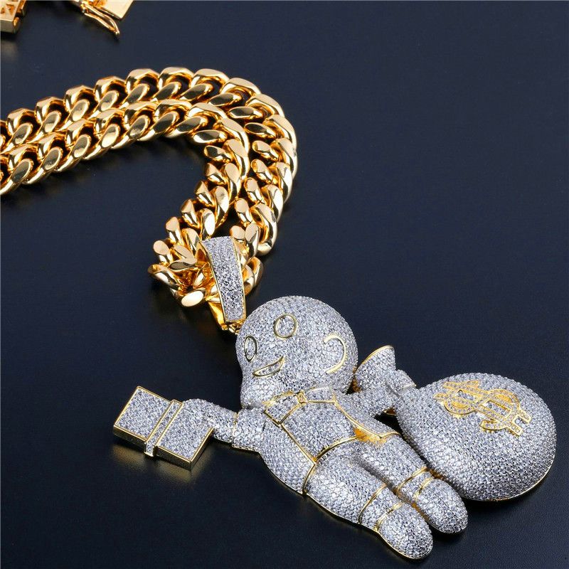 Wholesale Cartoon Charm Money Bag Pendant Hip Hop Necklaces For Men 18K