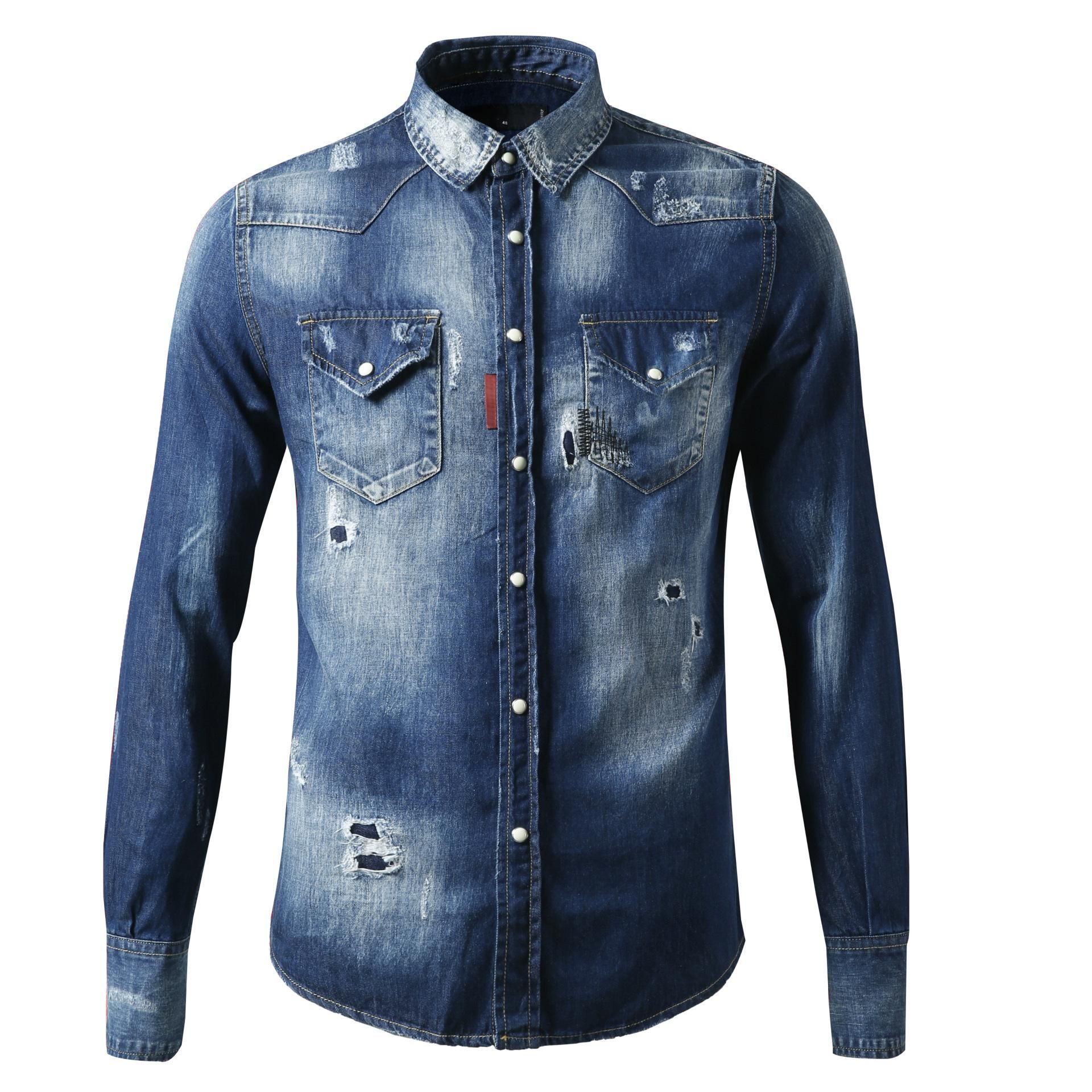 2020 Men'S Shirt Long Sleeve Patch Hole Embroidery ...