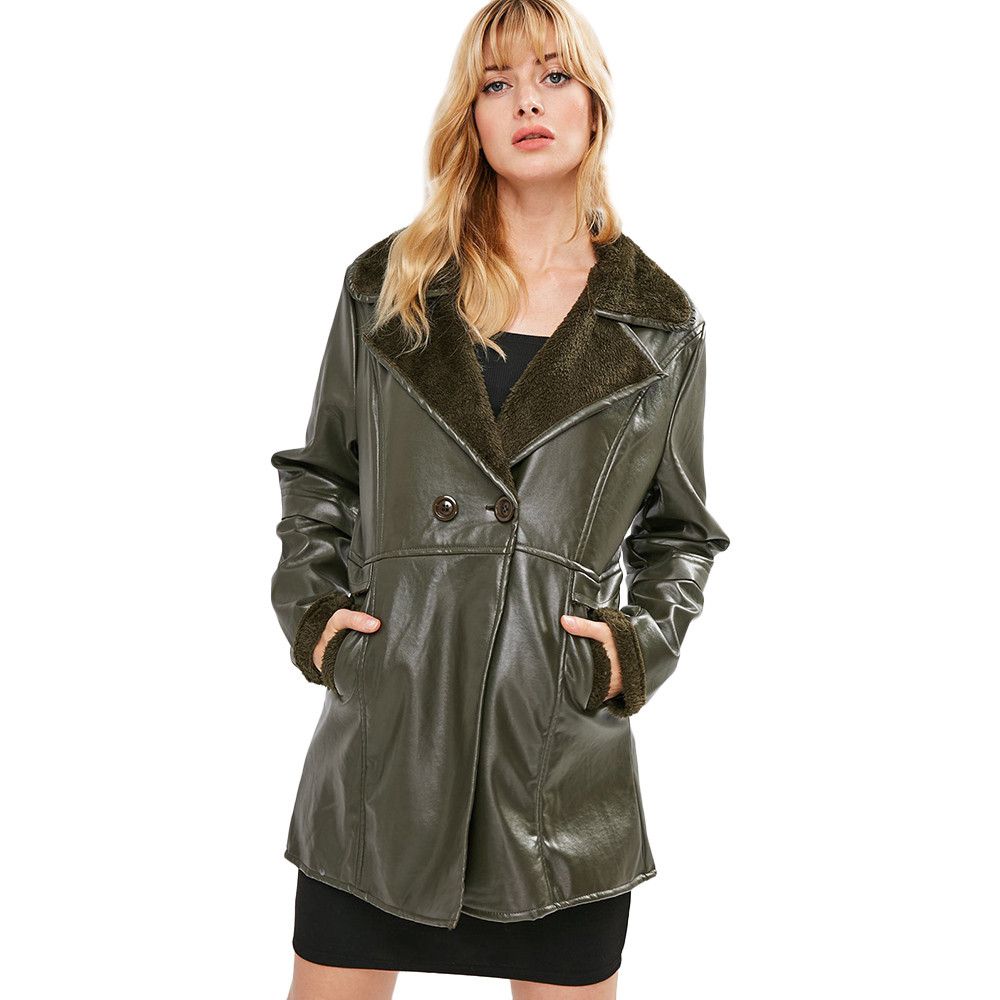 Women Black Slim Lady Leather Womens Las Winter On Plus Velvet Lapel Faux Coat Chaqueta Cuero Mujer