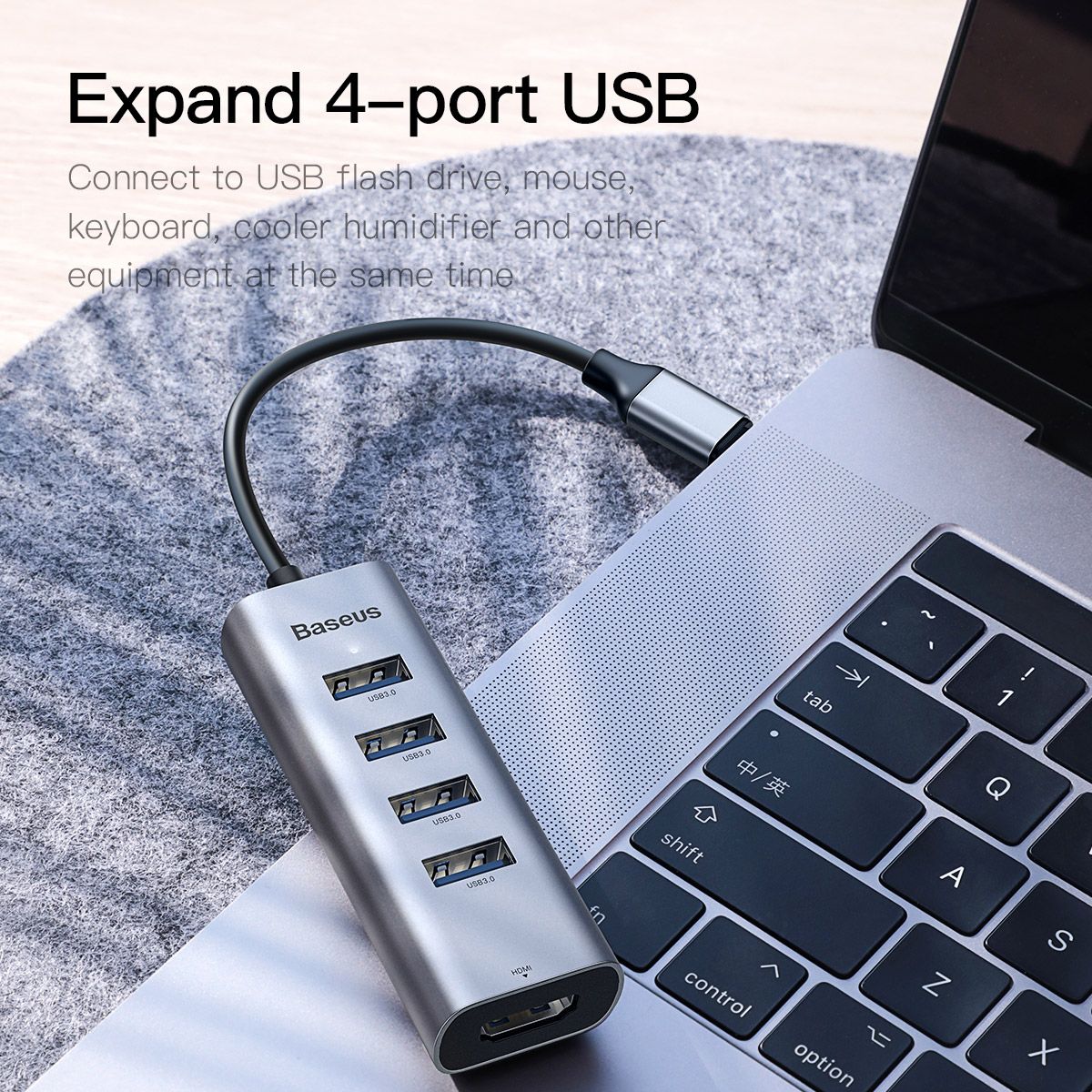 Hub chia cổng đa năng 5 in 1 PD Type-C ra 4 cổng USB 3.0 và HDMI chuẩn 4K hiệu Baseus Enjoy Series