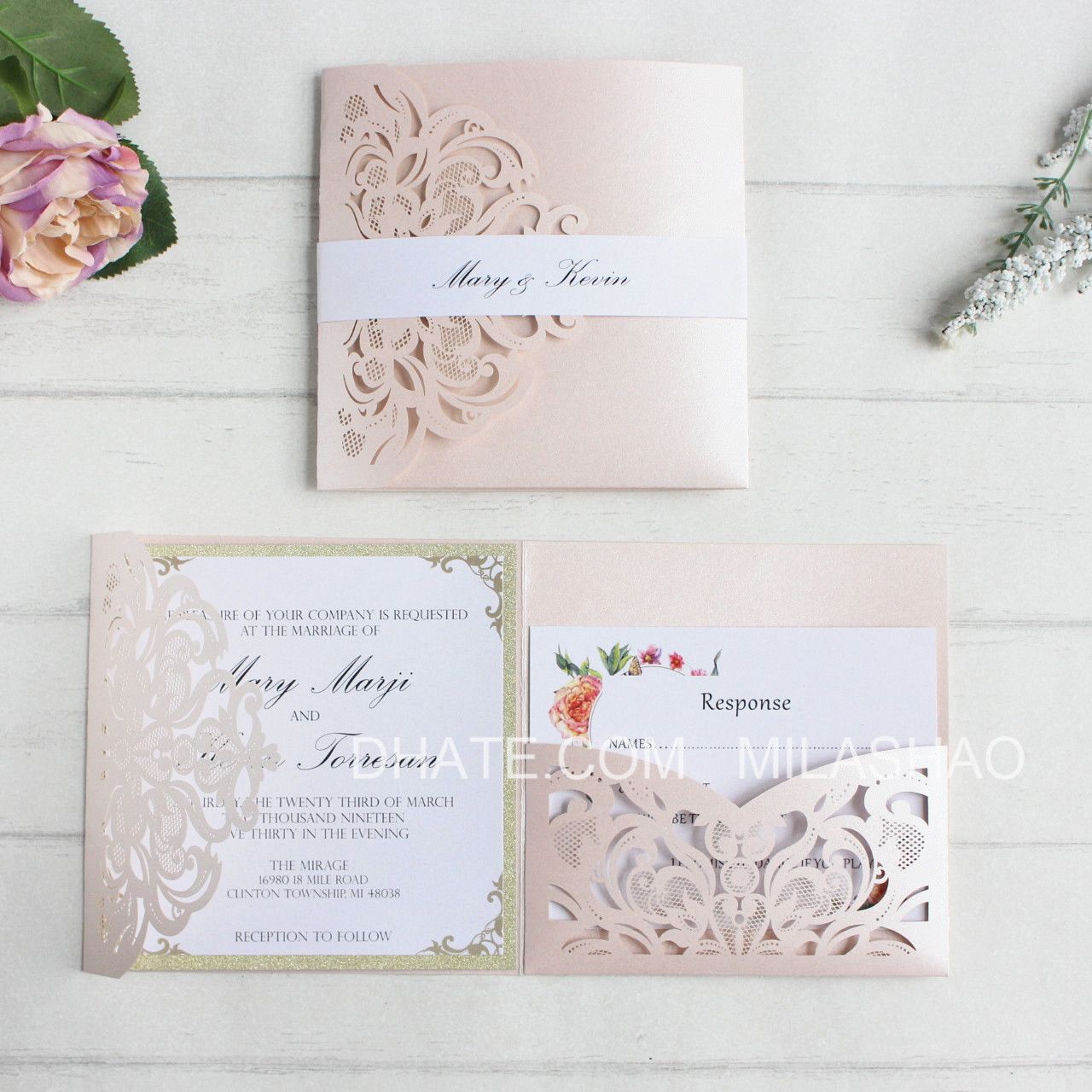 Flesh Pink Wedding Invitations Card Laser Pocket Bridal Marriage