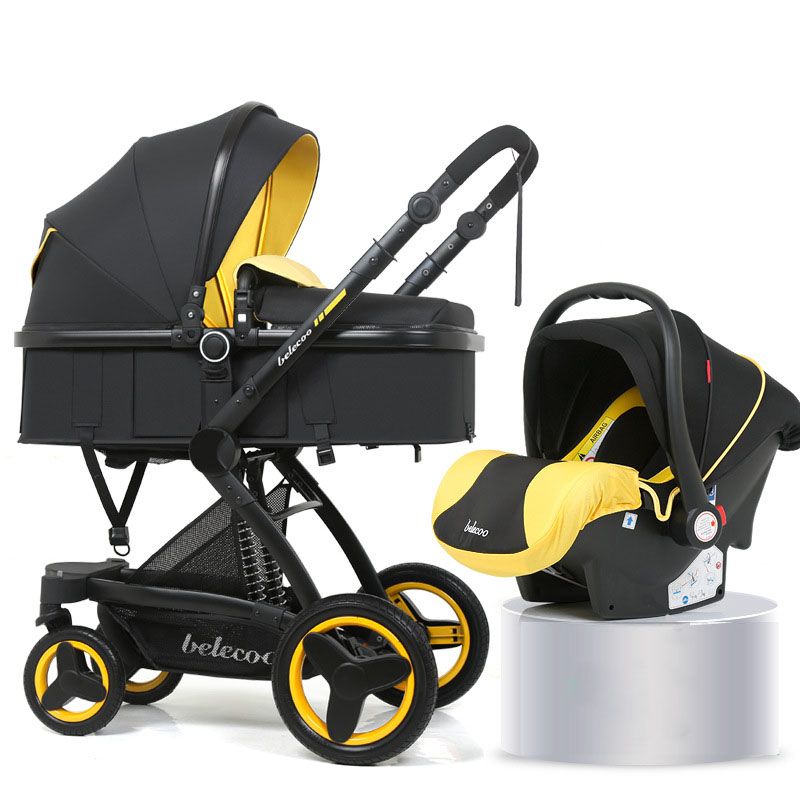 Baby Stroller 3 In1 With Car Seat Aluminum Alloy Pu Leather High Landscape Folding For Newborn Travel Two Way Trolley