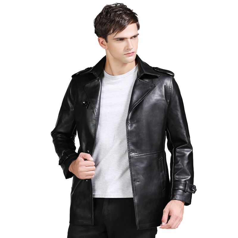 Autumn New Fashion Pu Leather Jacket Men Middle Length Mens Jackets Solid Turn Down Collar Man Coat Single Ted Male Outwear