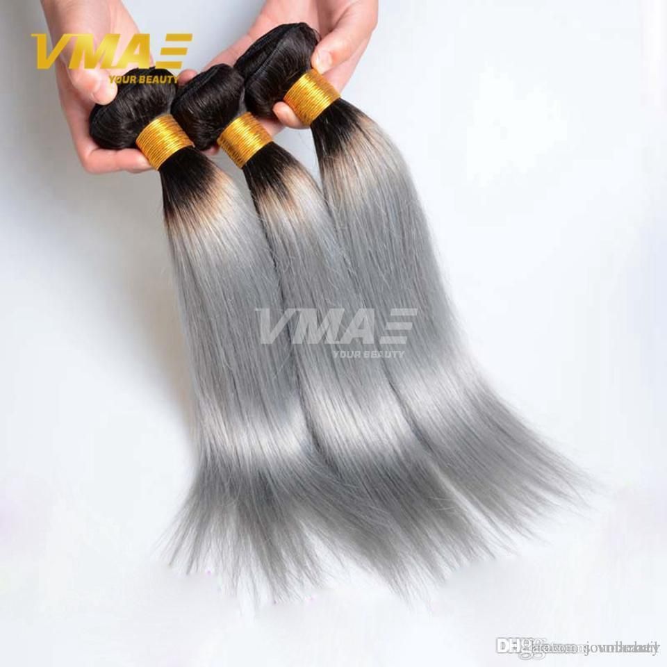 Brazilian Human Straight Grey Hair Ombre 1b Gray Vmae Hair Weaves