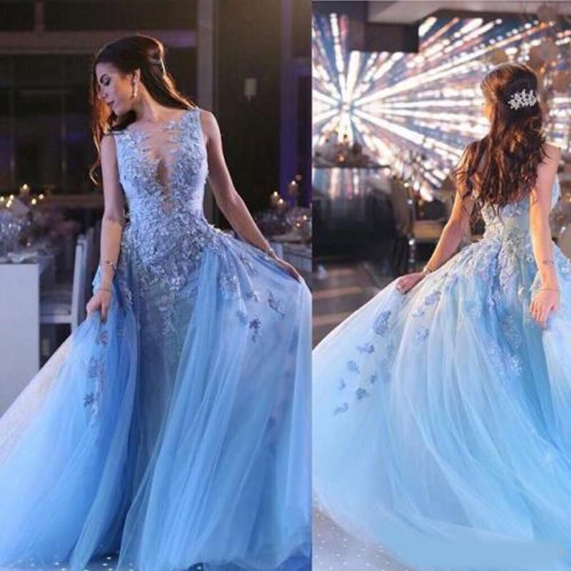 New Designer Sky Blue Lace Formal Celebrity Evening Dresses Detachable