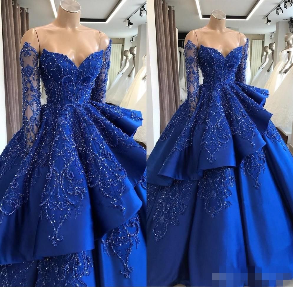 Royal Blue Long Sleeves Quinceanera Dresses Luxury Beading Beaded Satin Tiered Ruched Off