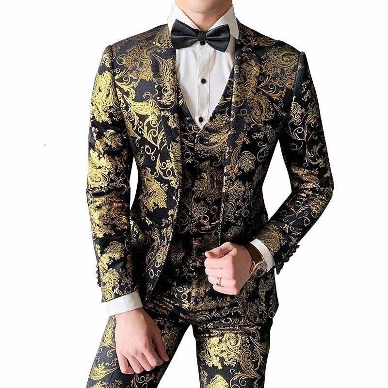 2019 Gold Suit For Men Luxury Baroque Velvet Suit Men Slim Fit Costume