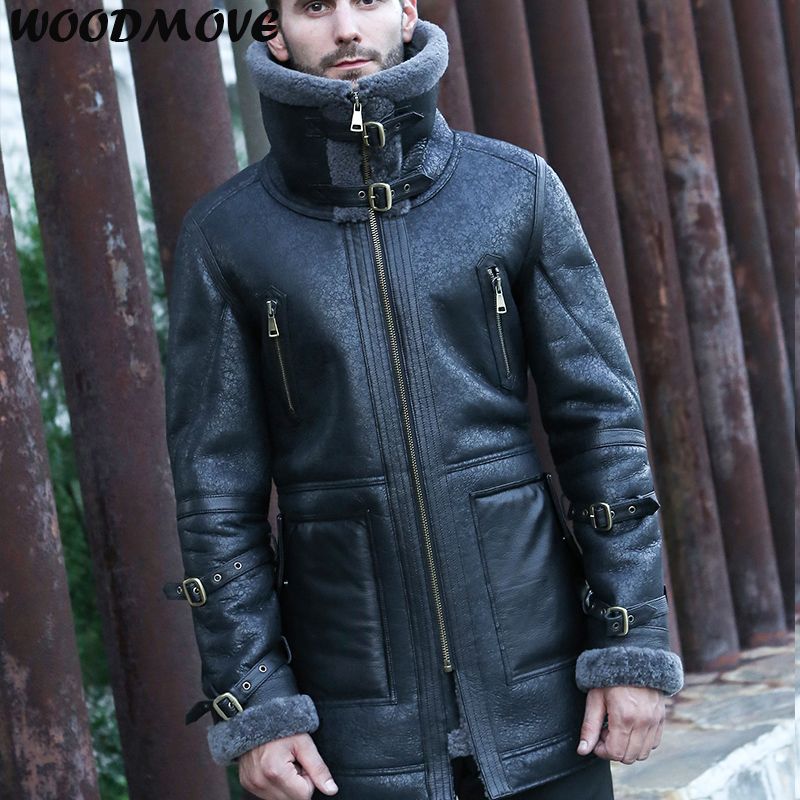 Men S Genuine Leather Jacket Sheepskin Real With Faux Fur Shearling Motorcycle Winter Warm Coat
