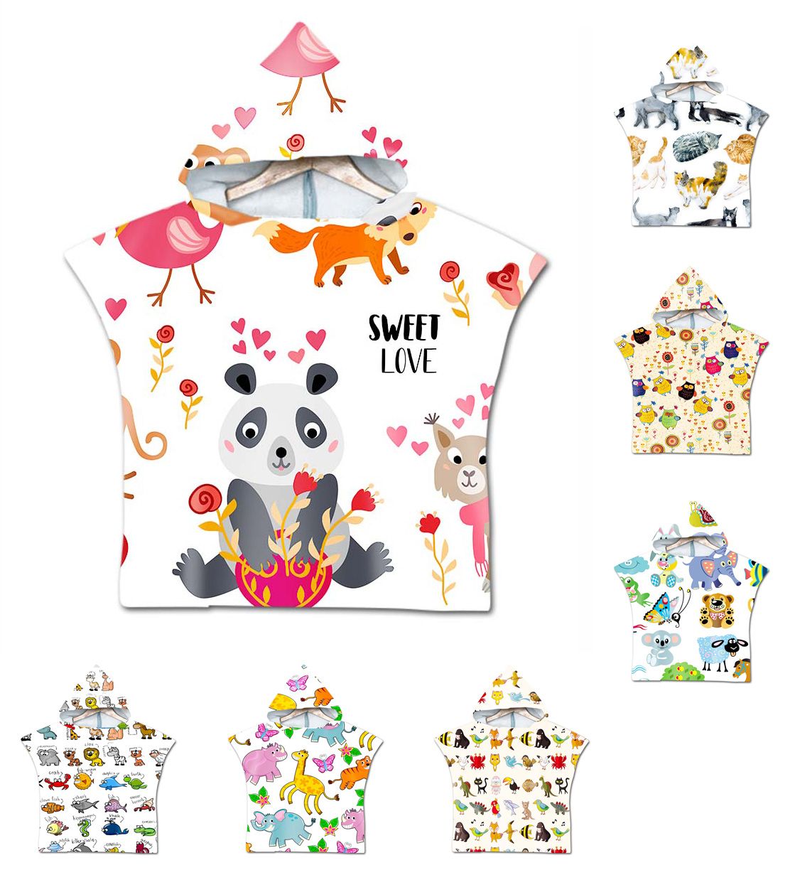 Livraison Gratuite Nouveauté Cadeau Mignon Animal Chat Panda Girafe Motif Bébé Enfants Enfants à Capuchon Poncho Serviette De Bain Natation Serviette
