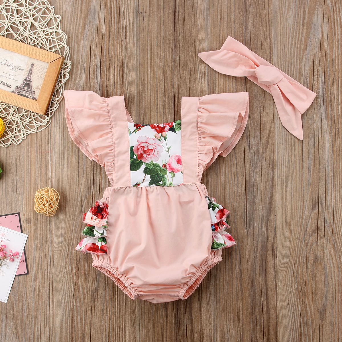 Princess Baby Girl Flower Bodysuit Short Swings Sleeve Cotton Sunsuit Jumpsuit Headband Summer Outfit Newborn Patchwork Bodysuit