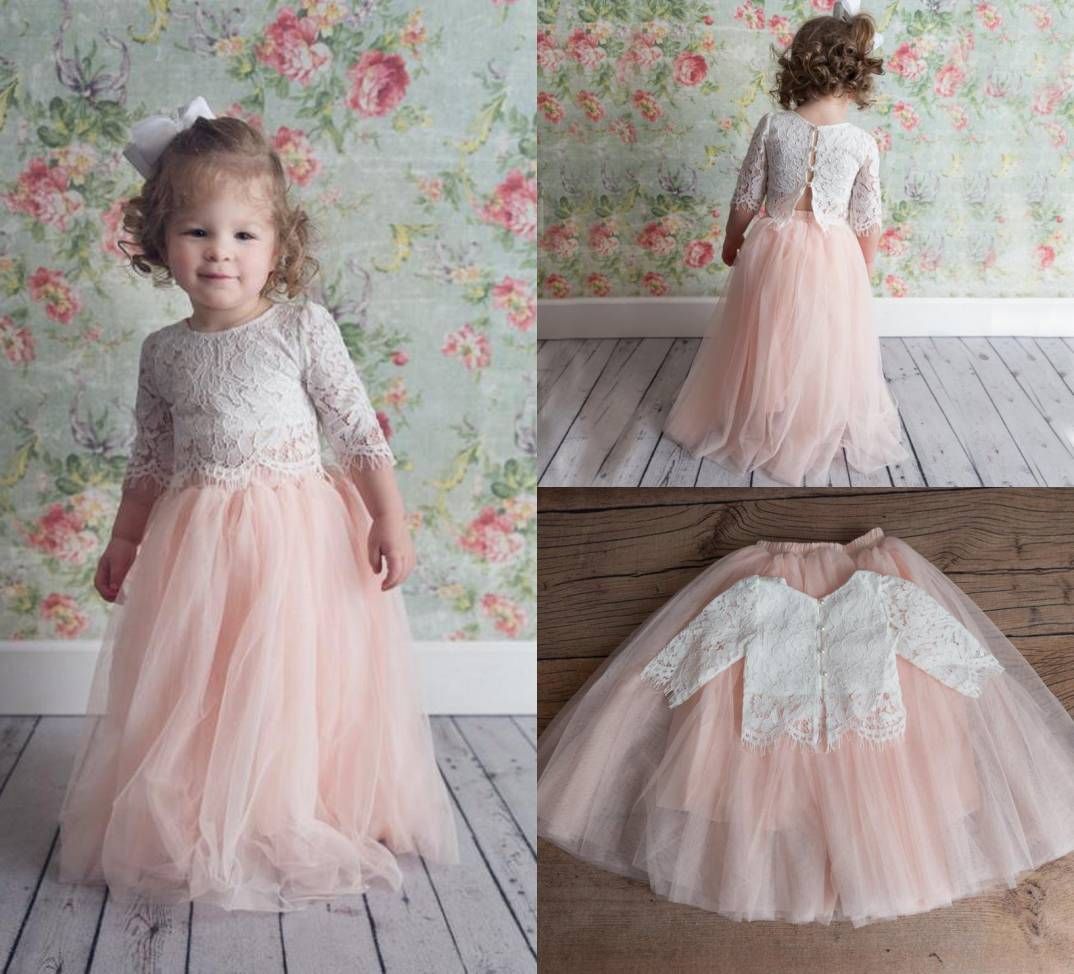 2019 Pink Two Pieces Lace Ball Gown Flower Girl Dresses 3/4 Long Sleeve ...