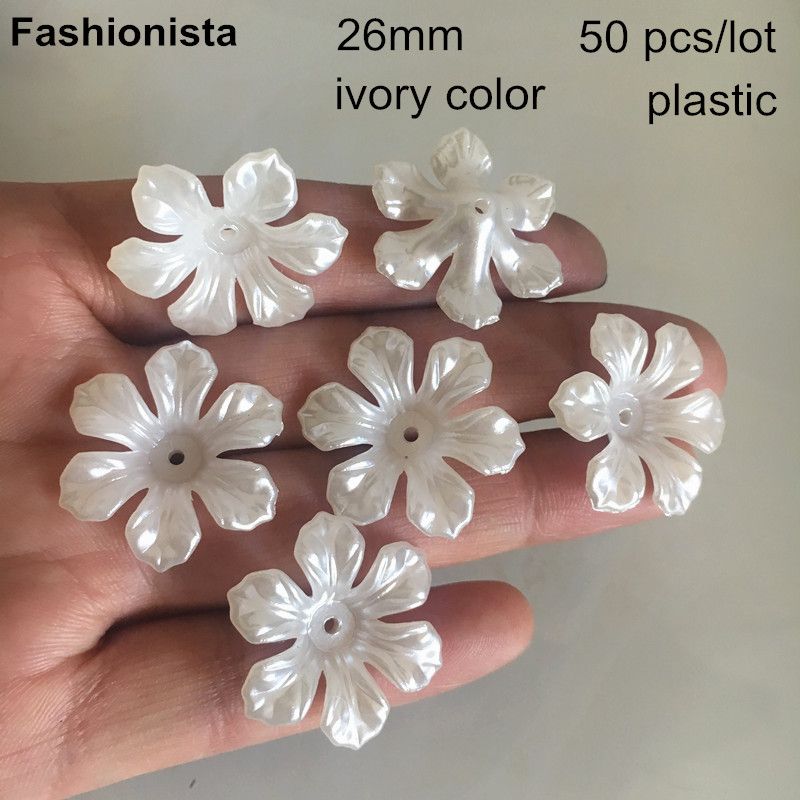2020 Acrylic Flower Bead Caps, 26mm Plastic Flowers Ivory Color, 6