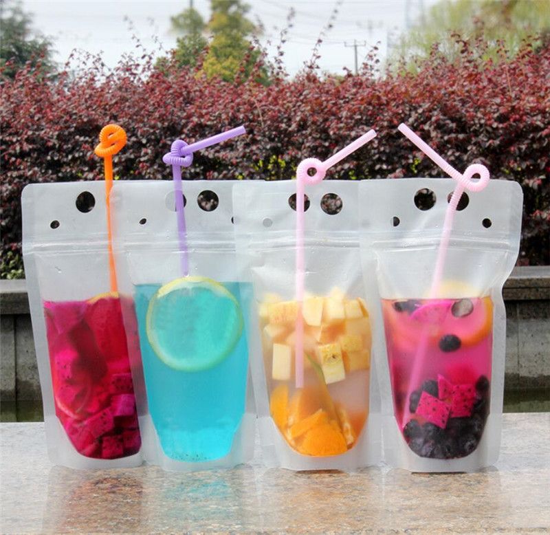 Clear Drink Pouches Bags Frosted Zipper Stand Up Plastic Drinking Bag With Straw With Holder