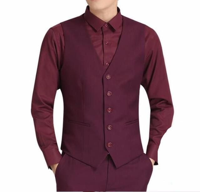 2020 Burgundy Men Suit Vests Five Buttons Classic Dress Slim Fit Vests