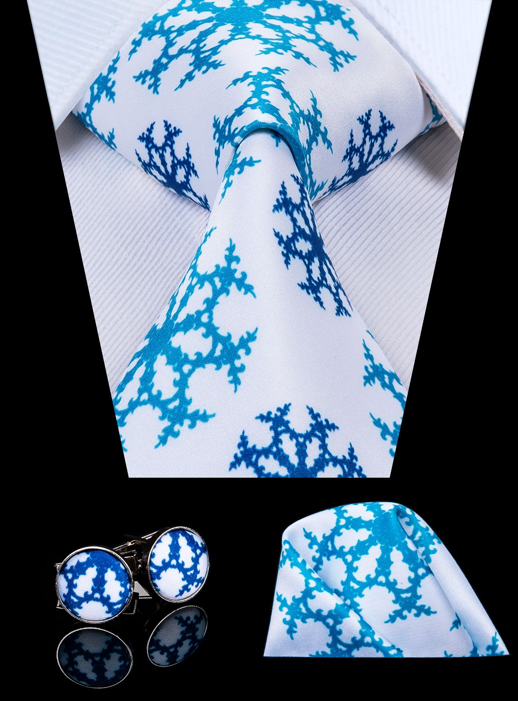 Classic Mens Tie Blue White Floral Silk Necktie Hanky Cufflinks Wedding Party