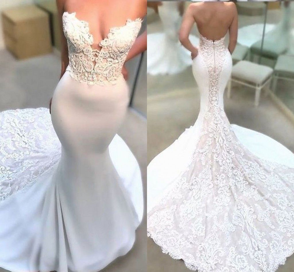 Amazon Mermaid Wedding Dresses Berta Strapless Nigerian Lace Beaded