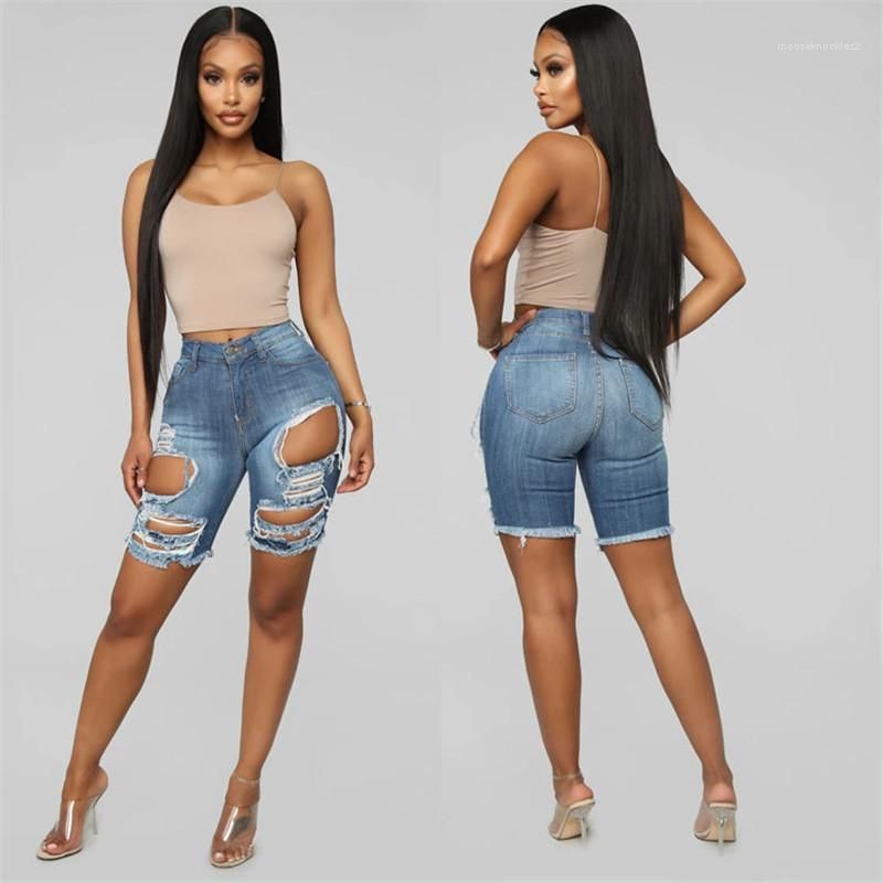 2021 Knee Length Slim Blue Denim Shorts Summer OL Style Ladies Pants Hole Ripped High Waist 