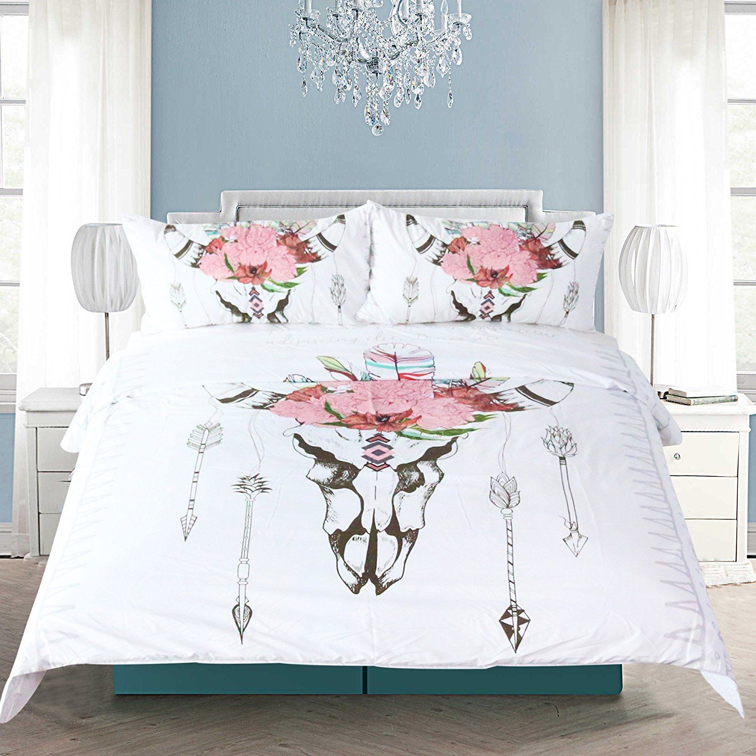 Novelty Skull Bull Head Flower Arrows Pattern Bedding Set Quilt Novelty Skull Bull Head Flower Arrows Pattern Bedding Set Quilt Duvet Cover With Pillowcase Twin Full Queen King Size Cowboy Denim From