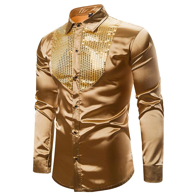 2021 Mens Smooth Silk Satin Shirt Gold Sequin Tuxedo Shirt Party Stage ...