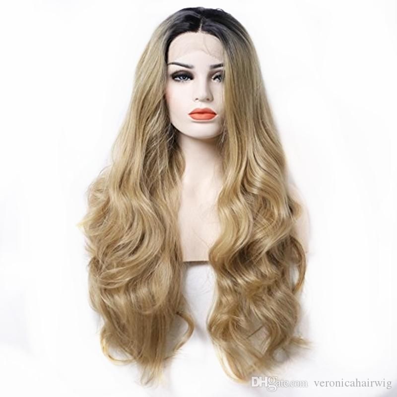 Natural Hiarline Middle Part Long Wavy Wig Dark Roots Ombre Blonde
