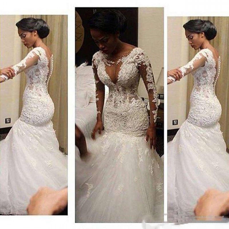 Lace Fishtail Wedding Dresses Sheer Neck Long Sleeves Mermaid Bridal