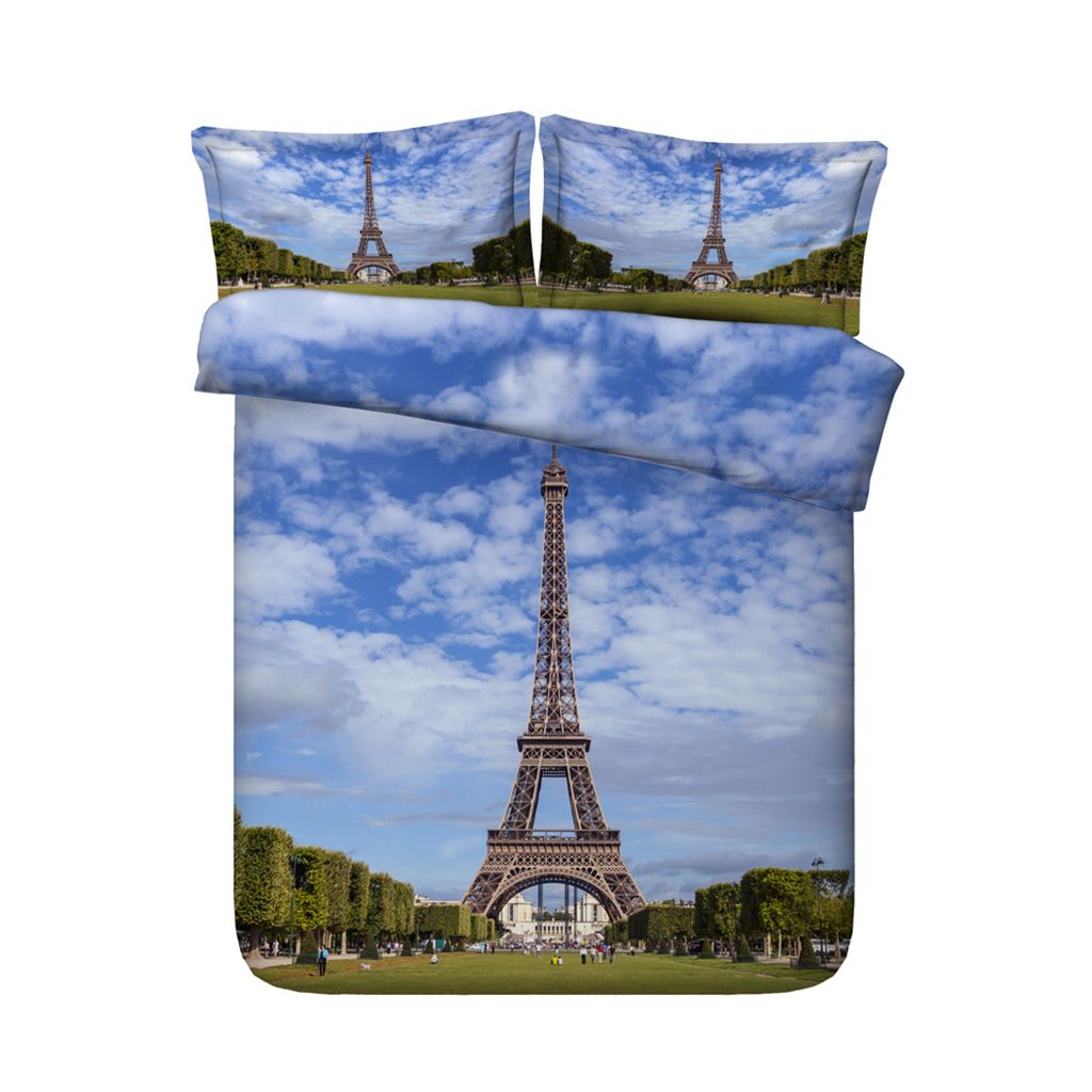 Blue Duvet 3 Pieces Girls Comforter Cover Bed Set Bedclothes Bedspread French Style Stylish Paris Eiffel Tower Bedding Sets 3d Digital Print