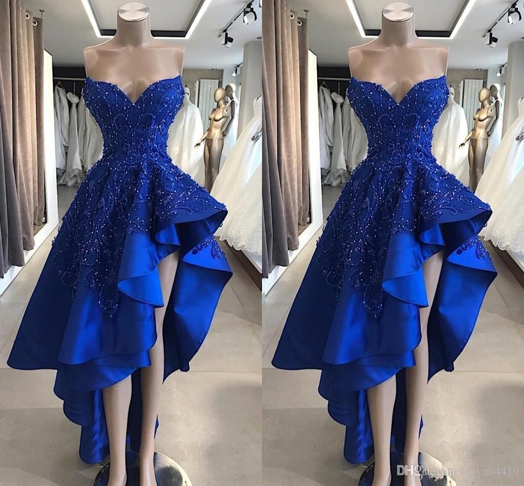 New Royal Blue Evening Dresses High Low Sweetheart Lace Appliques