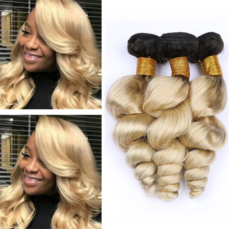 Cheap Dark Roots 1b 613 Ombre Loose Wave Human Hair Bundles