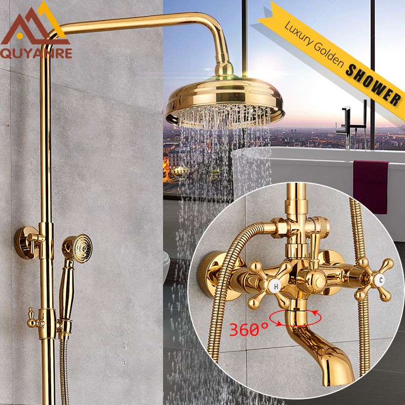 2020 Golden Shower Faucet Set Brass Rainfall Shower 360 Swivel