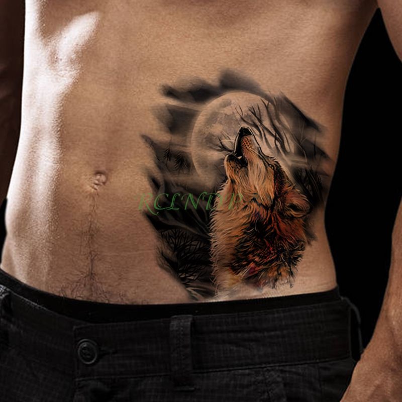 Impermeable Etiqueta Engomada Del Tatuaje Temporal Lobo Rugido Luna