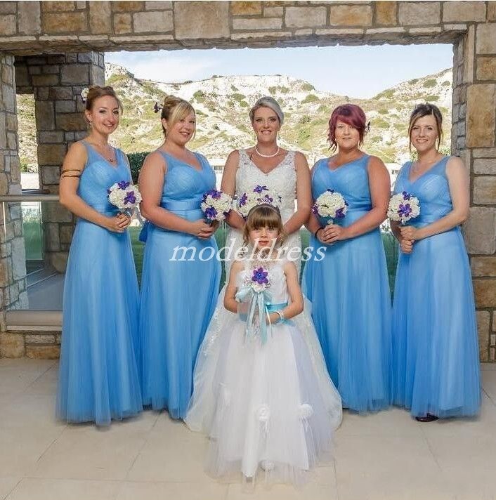 2019 Ocean Blue Bridesmaid Dresses V Neck Backless Floor Length Sash