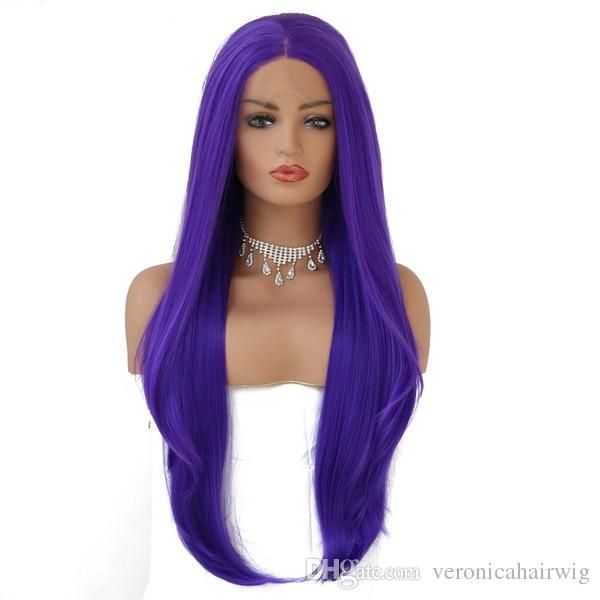 Natural Long Straight Wigs Dark Purple Hand Tied Heat Resistant
