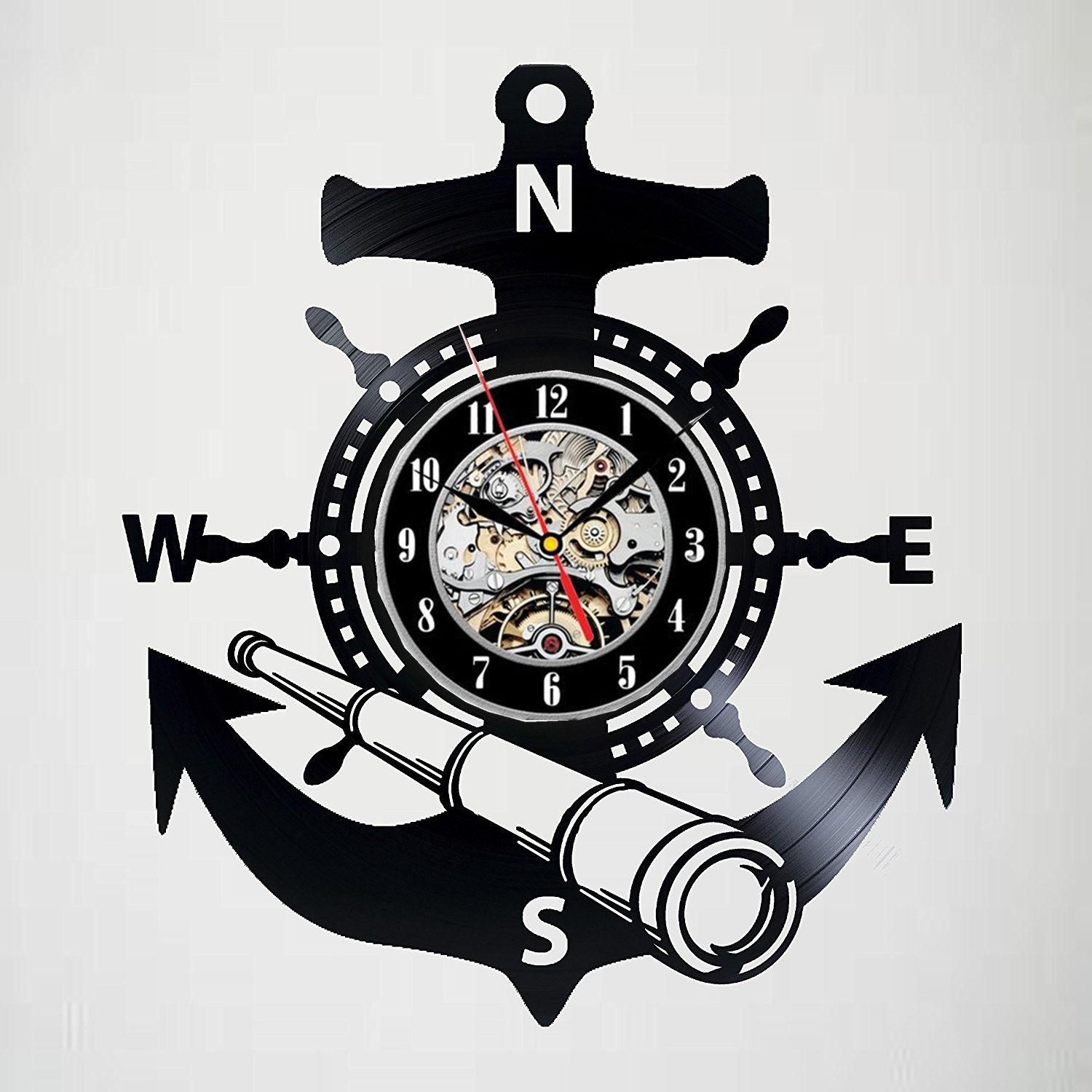 Vinyl Record Wall Clock Decor With Vintage Anchor And Steering Wheel