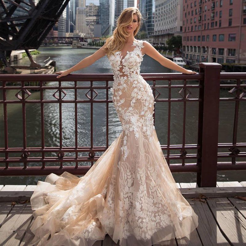 Champagne Mermaid Lace Wedding Dresses 2019 Sheer Jewel