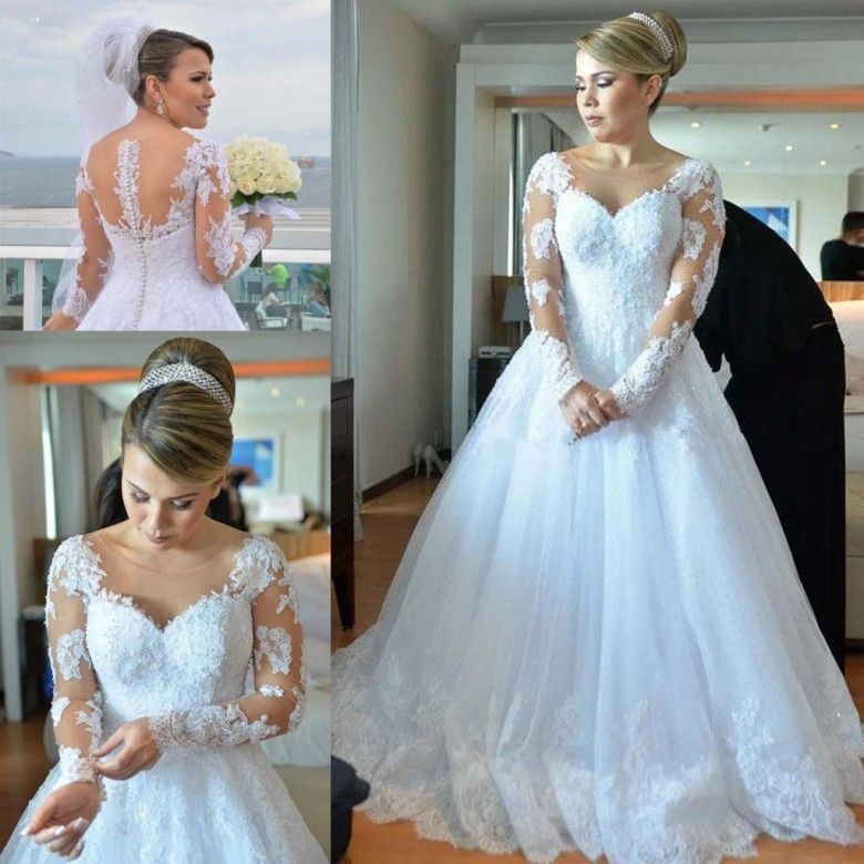 Vintage A Line Wedding Dresses 2019 Long Sleeves Tulle Lace Applique