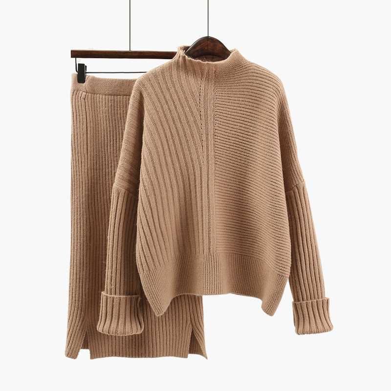2020 Set Women 2019 Spring Knitted Sweater + Midi Skirt Two Piece Set Loose Sweater Dress Set 
