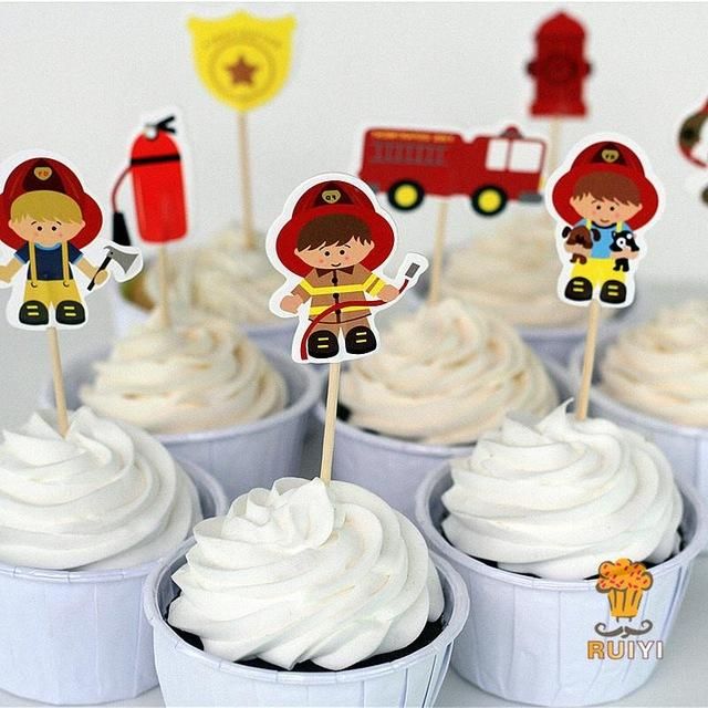Fireman Cake Toppers Cupcake Picks Cases Fire Fighter Kids