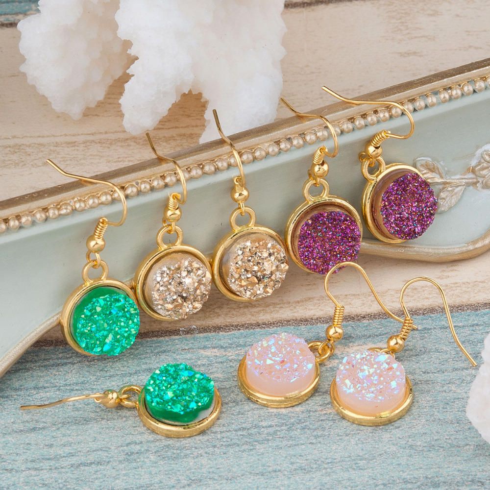 2020 Handmade Dizzying Resin Drusy Earrings Gold Color Pink Green